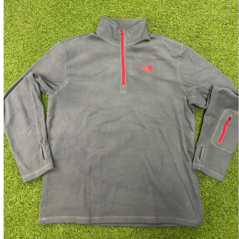 The North Face Mens Large Gray Red 1/4 Zip Fleece Pullover Jacket‎ Sleeve Pocket